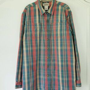 L.L. Bean Katahdin Teal Plaid Canvas Elbow Patch Snap Front Shirt Large Tall